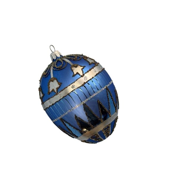 Handcrafted Blue Glass Ornament With Black & Silver Glitter Details 5" Holiday D - Picture 2 of 6